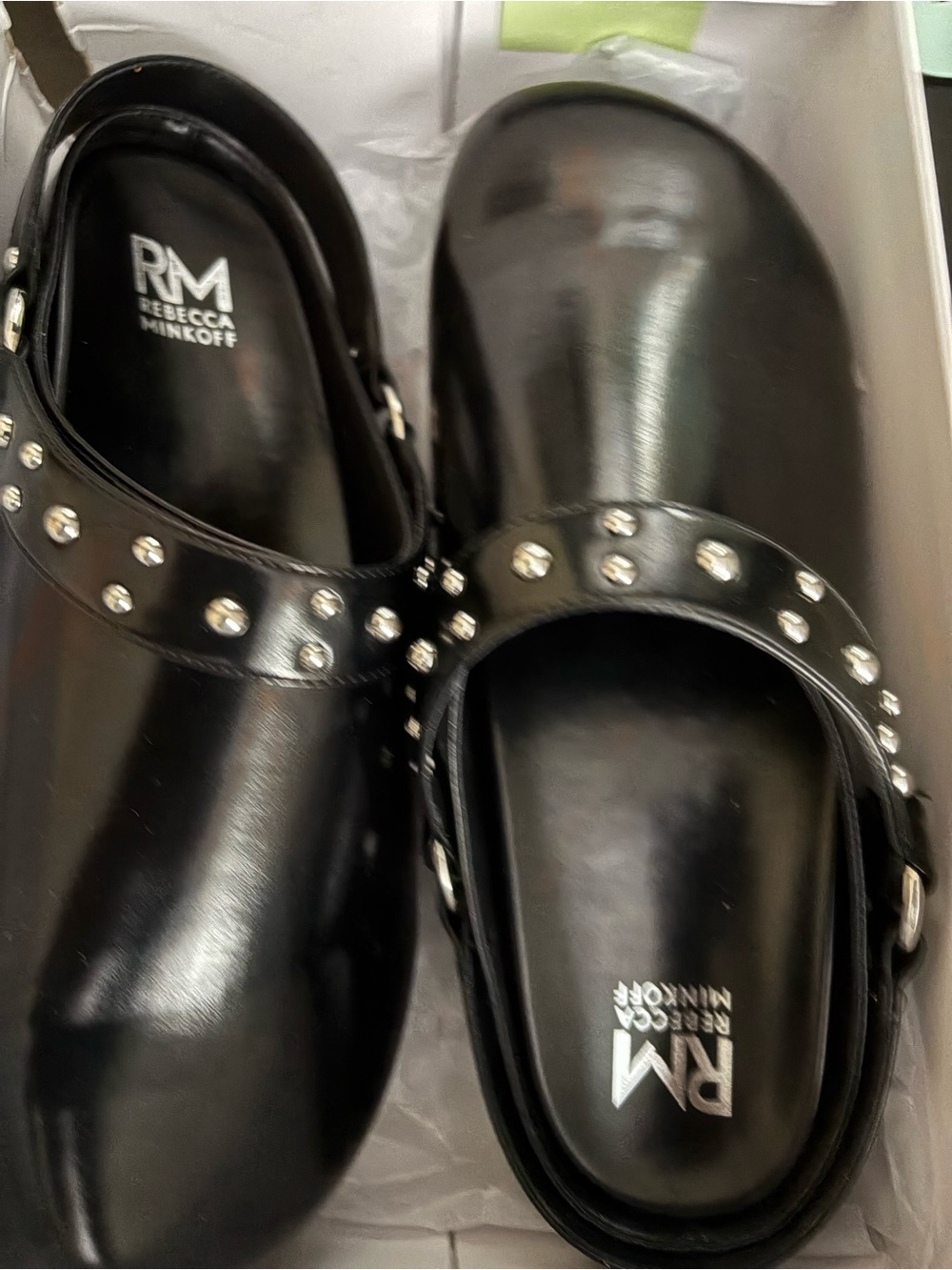 Rebecca Minkoff Black Studded Leather Clog Mules